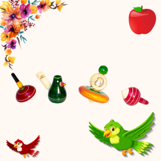 Pull String Spinning Top + Apple top + Tops for kids +  Bird Whistle - Channapatna